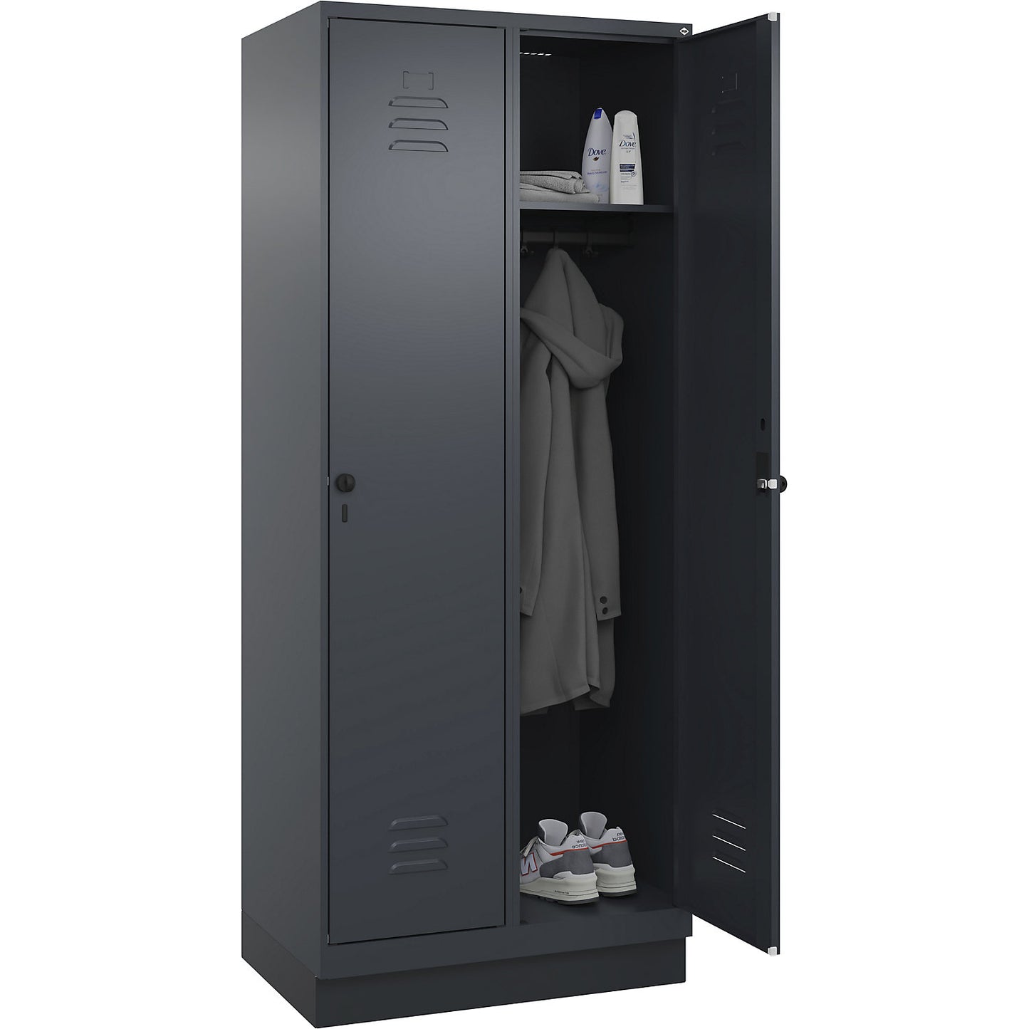 Classic PLUS clothes locker, 2 compartments, grey, W 800 mm, with base plinth, rotary bolt.