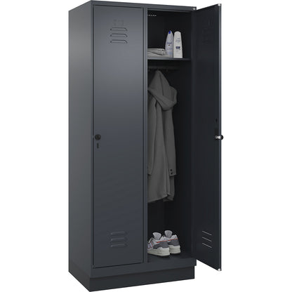 Classic PLUS clothes locker, 2 compartments, grey, W 800 mm, with base plinth, rotary bolt.