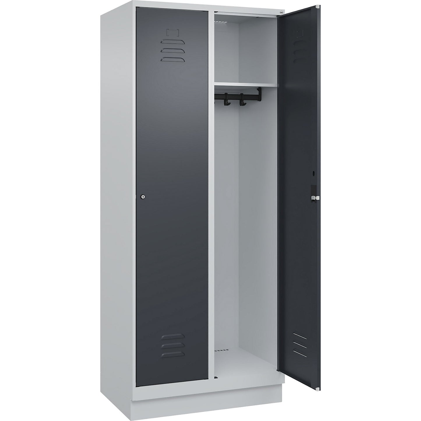 Classic PLUS clothes locker, 2 compartments, light grey/grey, W 800 mm, with base plinth, cylinder lock.