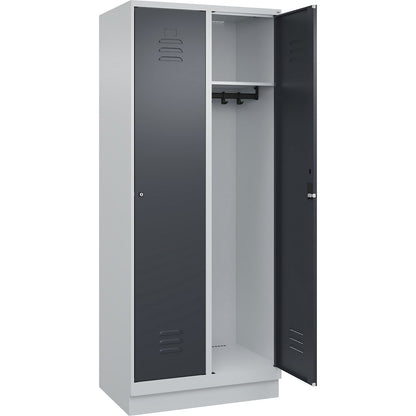 Classic PLUS clothes locker, 2 compartments, light grey/grey, W 800 mm, with base plinth, cylinder lock.