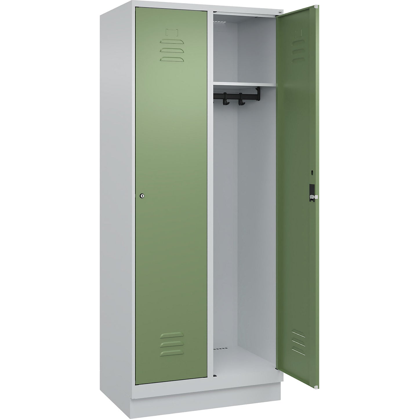 Classic PLUS clothes locker, 2 compartments, light grey/reseda green, W 800 mm, with base plinth, cylinder lock.