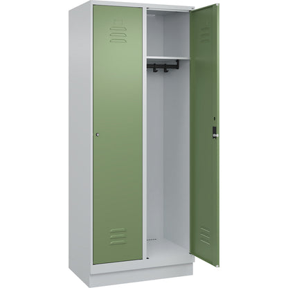 Classic PLUS clothes locker, 2 compartments, light grey/reseda green, W 800 mm, with base plinth, cylinder lock.