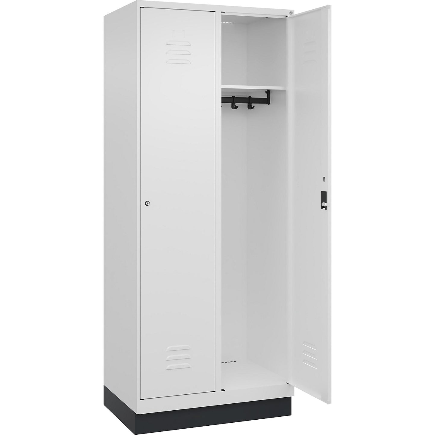Classic PLUS clothes locker, 2 compartments, traffic white, W 800 mm, with base plinth, cylinder lock.