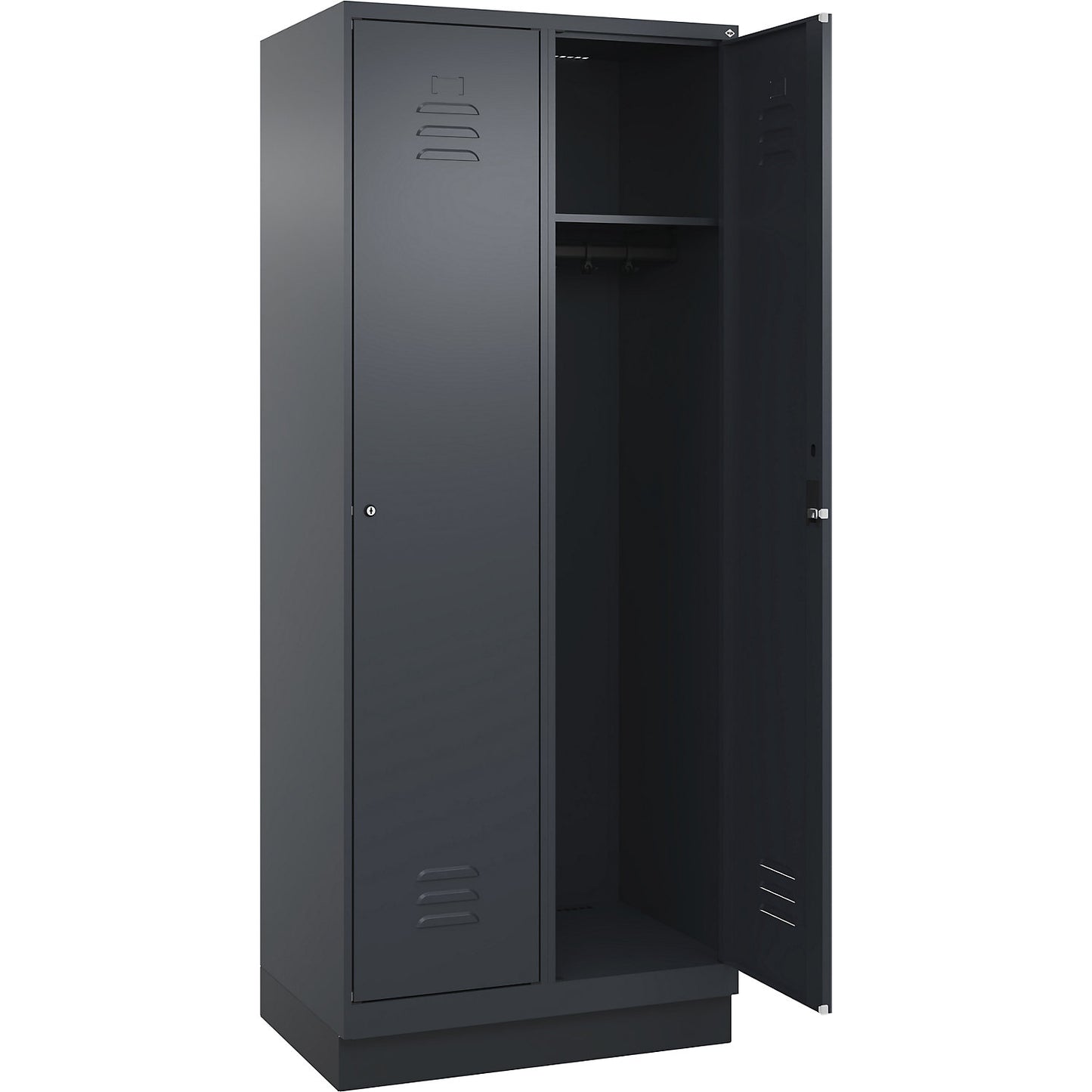 Classic PLUS clothes locker, 2 compartments, grey, W 800 mm, with base plinth, cylinder lock.