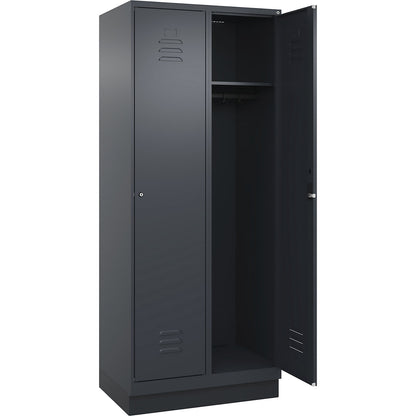 Classic PLUS clothes locker, 2 compartments, grey, W 800 mm, with base plinth, cylinder lock.