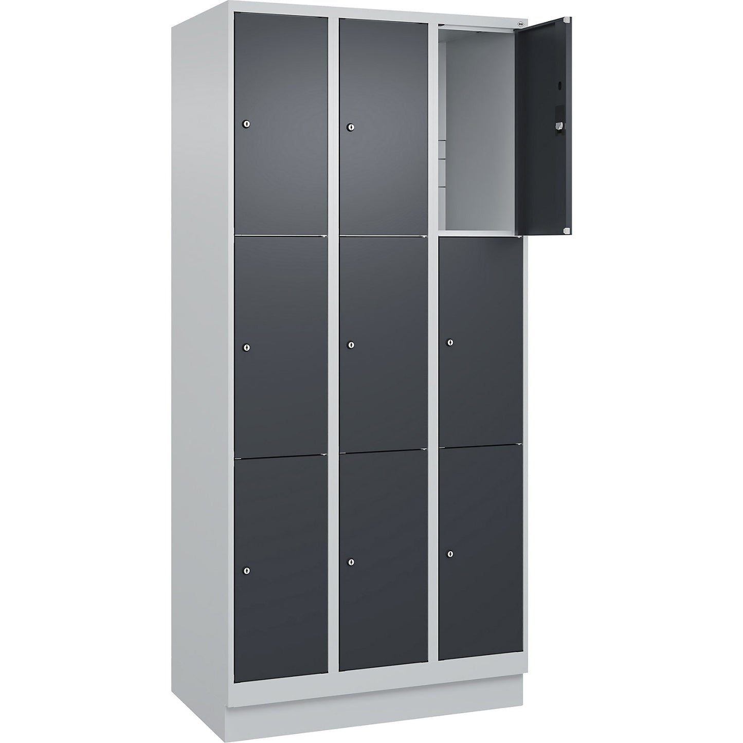 Classic PLUS 3-fold compartment locker, 3 compartments, light grey/grey, W 900 mm, 9 compartments, with base plinth.