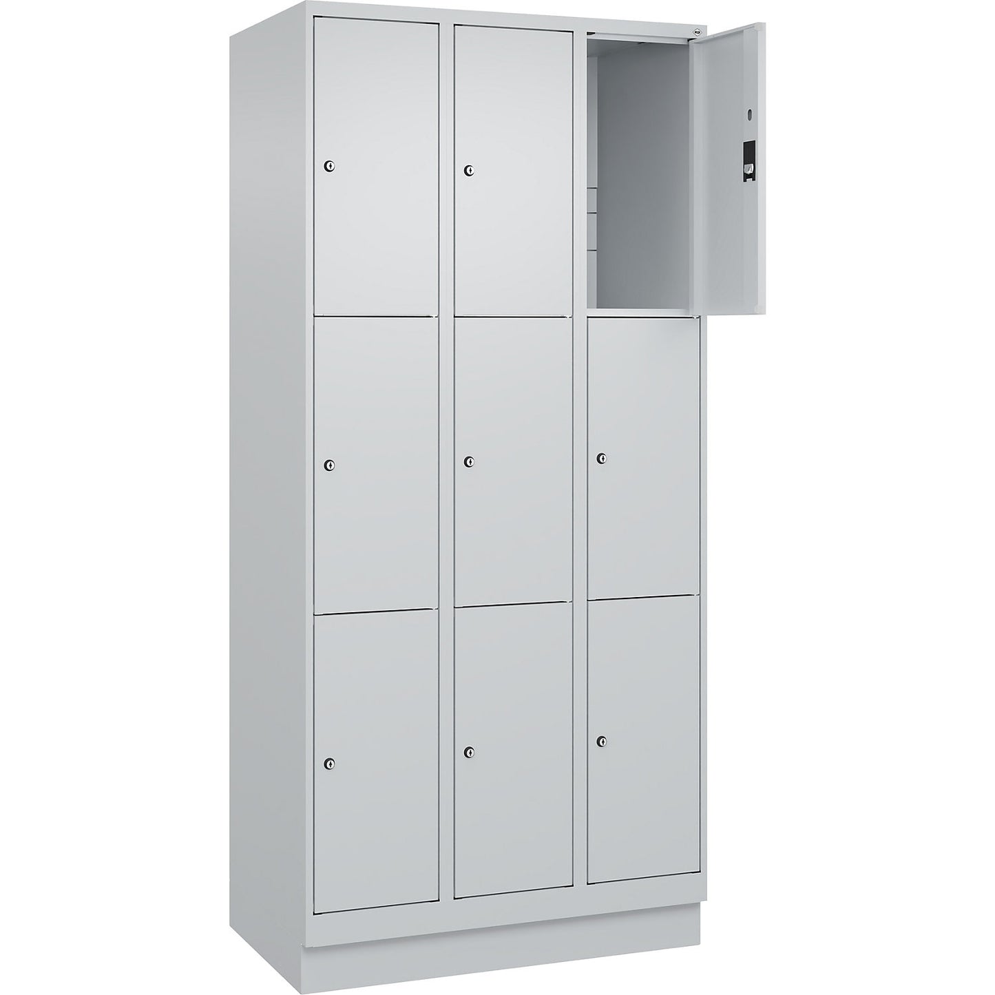 Classic PLUS 3-fold compartment locker, 3 compartments, light grey, W 900 mm, 9 compartments, with base plinth.