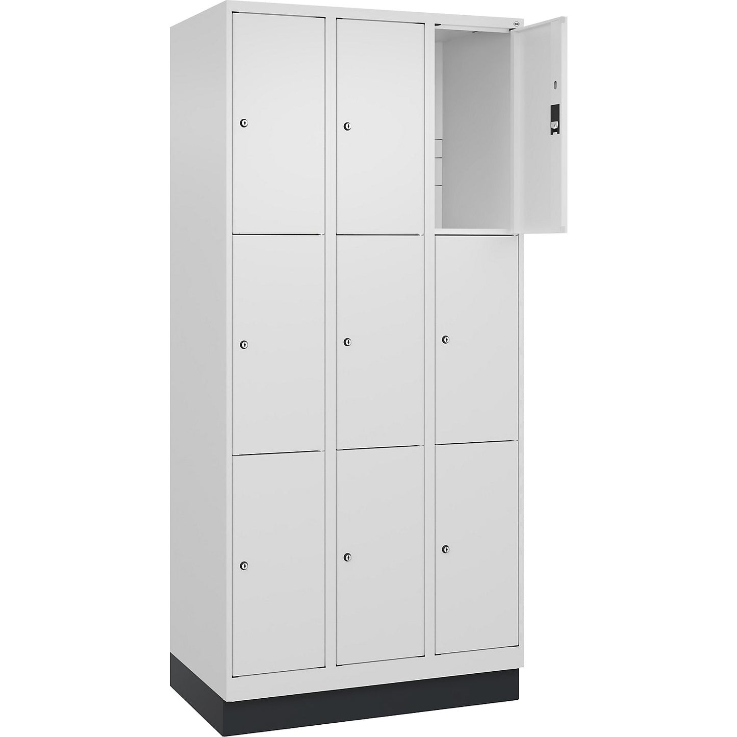 Classic PLUS 3-fold compartment locker, 3 compartments, traffic white, W 900 mm, 9 compartments, with base plinth.
