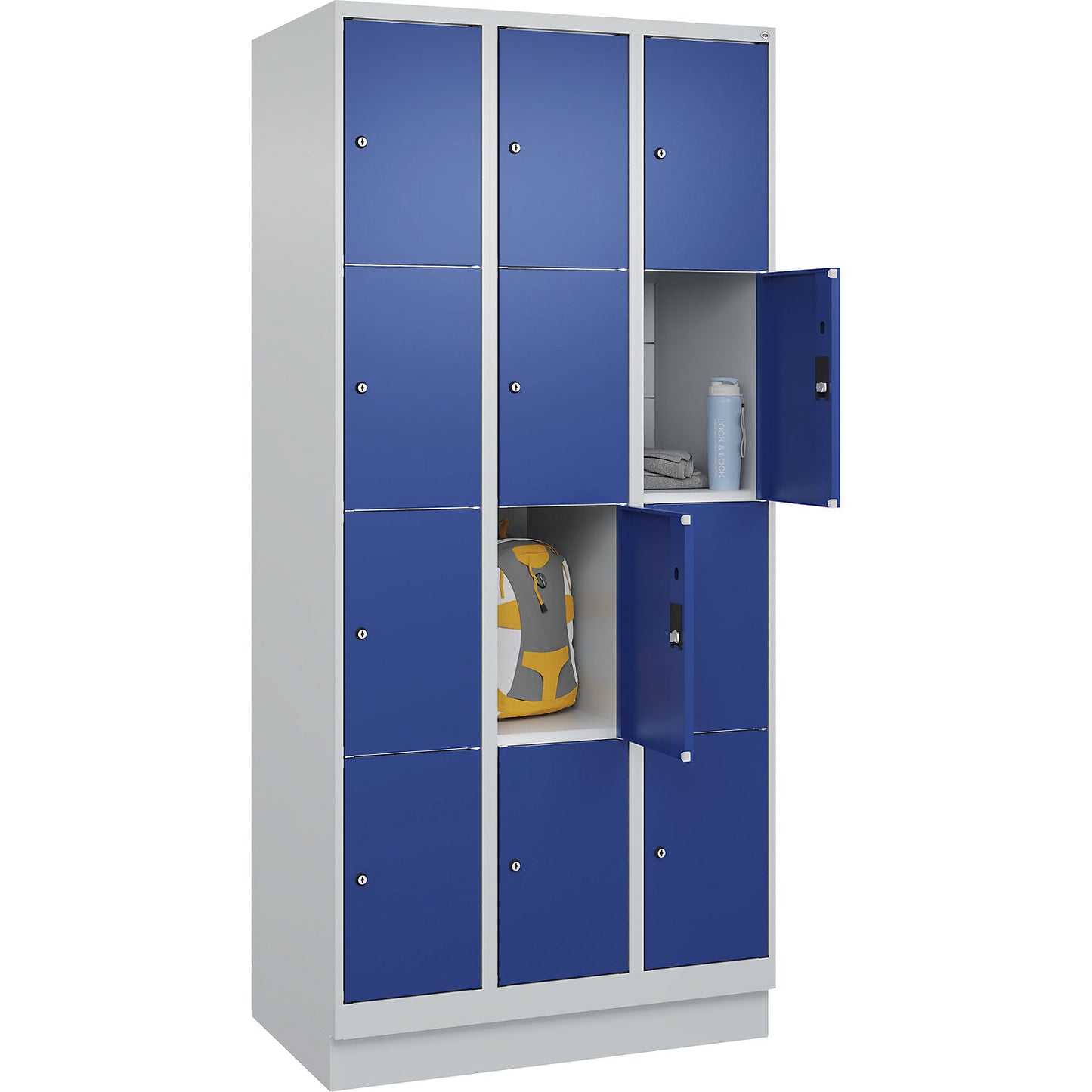 Classic PLUS 4-fold compartment locker, 3 compartments, light grey/gentian blue, W 900 mm, 12 compartments, with base plinth.
