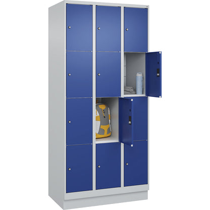 Classic PLUS 4-fold compartment locker, 3 compartments, light grey/gentian blue, W 900 mm, 12 compartments, with base plinth.