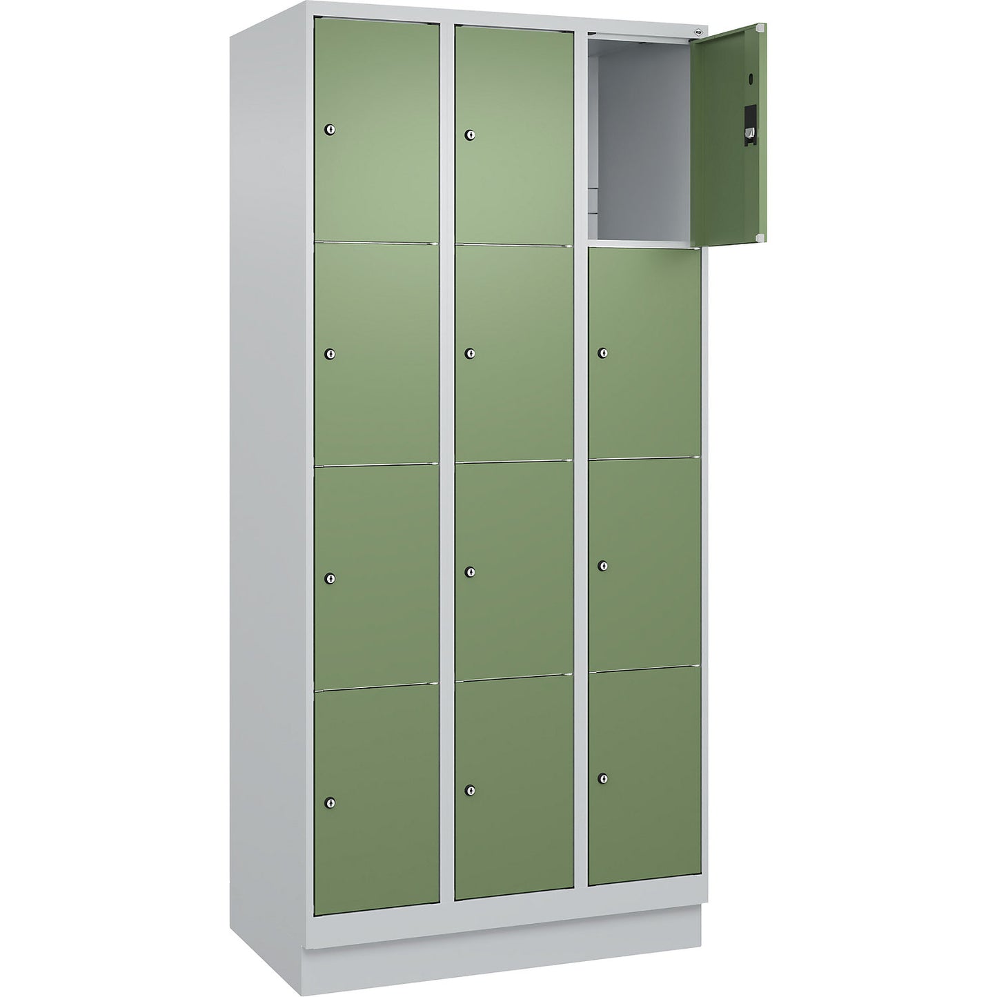 Classic PLUS 4-fold compartment locker, 3 compartments, light grey/reseda green, W 900 mm, 12 compartments, with base plinth.