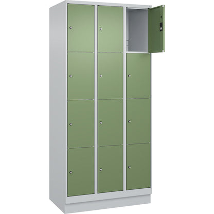 Classic PLUS 4-fold compartment locker, 3 compartments, light grey/reseda green, W 900 mm, 12 compartments, with base plinth.