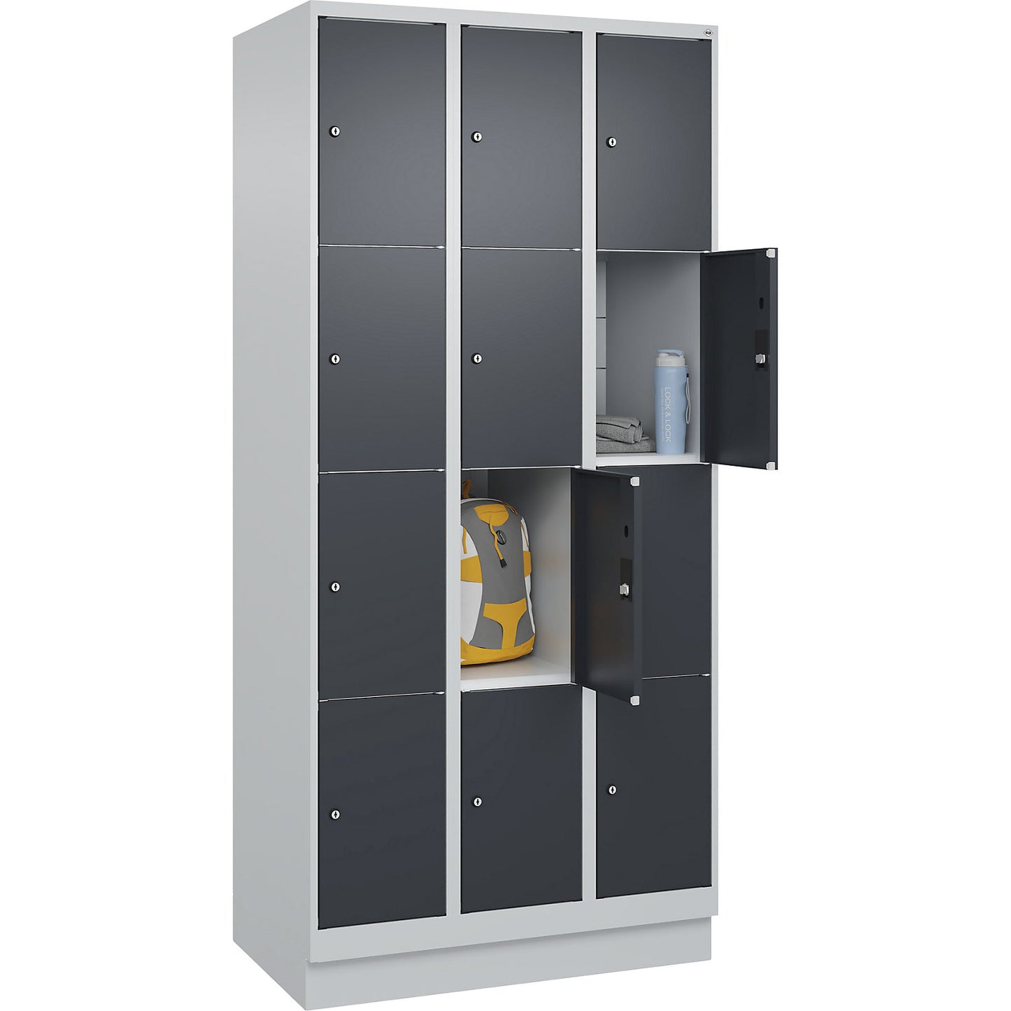 Classic PLUS 4-fold compartment locker, 3 compartments, light grey/grey, W 900 mm, 12 compartments, with base plinth.