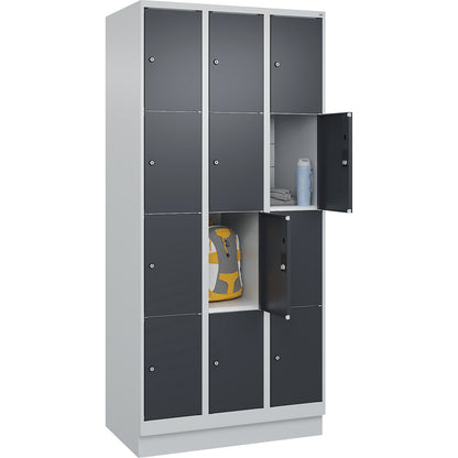 Classic PLUS 4-fold compartment locker, 3 compartments, light grey/grey, W 900 mm, 12 compartments, with base plinth.