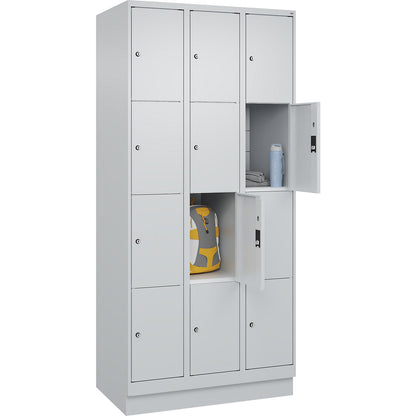 Classic PLUS 4-fold compartment locker, 3 compartments, light grey, W 900 mm, 12 compartments, with base plinth.