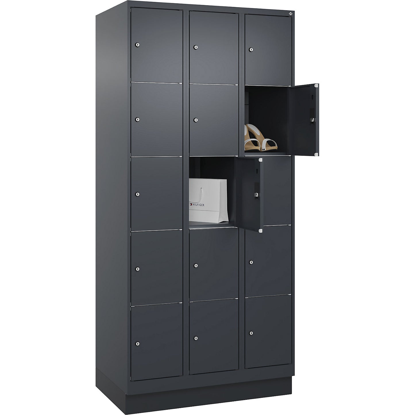 Classic PLUS 5-fold compartment locker, 3 compartments, grey, W 900 mm, 15 compartments, with base plinth.