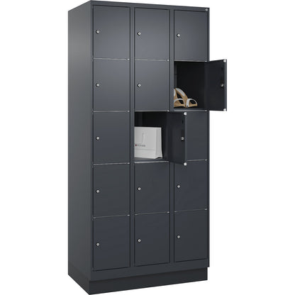 Classic PLUS 5-fold compartment locker, 3 compartments, grey, W 900 mm, 15 compartments, with base plinth.