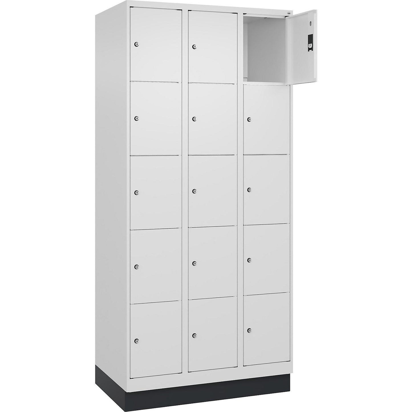 Classic PLUS 5-fold compartment locker, 3 compartments, traffic white, W 900 mm, 15 compartments, with base plinth.