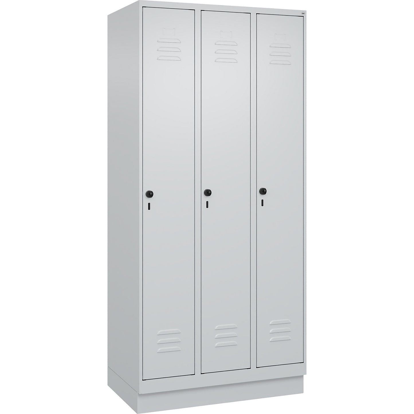 Classic PLUS clean and dirty clothes locker, narrow, 3 compartments, shortened centre divider, light grey, W 900 mm, with base plinth, rotary bolt, centre partition.
