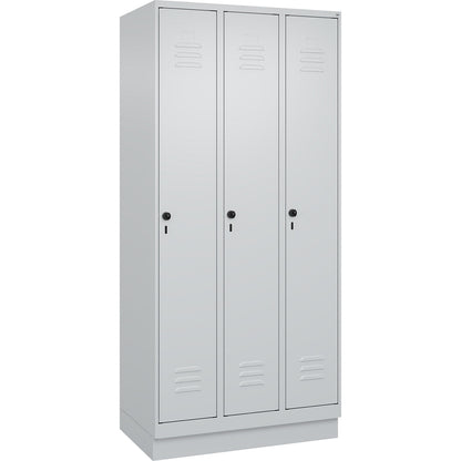Classic PLUS clean and dirty clothes locker, narrow, 3 compartments, shortened centre divider, light grey, W 900 mm, with base plinth, rotary bolt, centre partition.