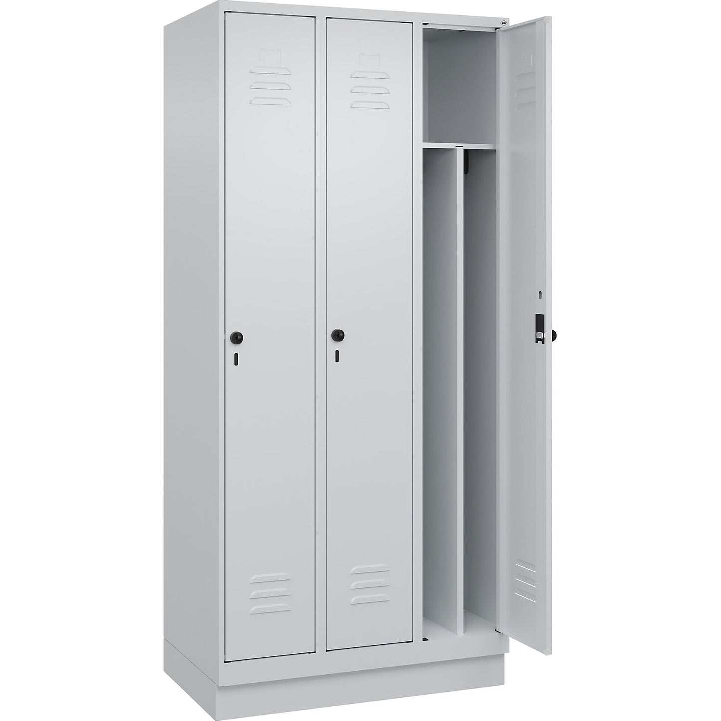 Classic PLUS clean and dirty clothes locker, narrow, 3 compartments, shortened centre divider, light grey, W 900 mm, with base plinth, rotary bolt, centre partition.