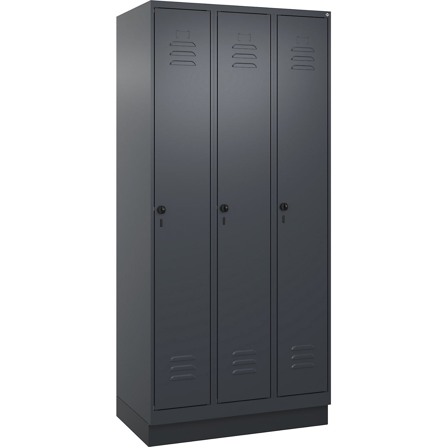 Classic PLUS clean and dirty clothes locker, narrow, 3 compartments, shortened centre divider, grey, W 900 mm, with base plinth, rotary bolt, centre partition.