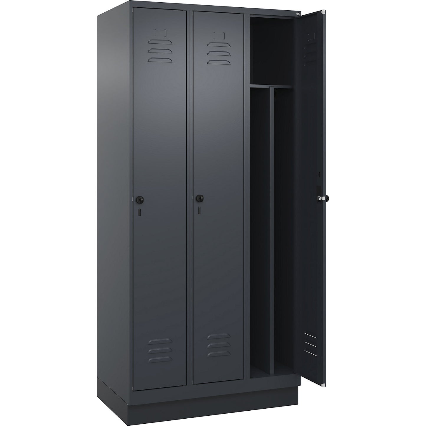 Classic PLUS clean and dirty clothes locker, narrow, 3 compartments, shortened centre divider, grey, W 900 mm, with base plinth, rotary bolt, centre partition.