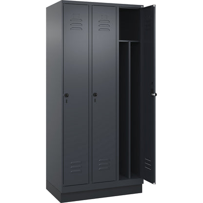 Classic PLUS clean and dirty clothes locker, narrow, 3 compartments, shortened centre divider, grey, W 900 mm, with base plinth, rotary bolt, centre partition.