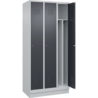Classic PLUS clean and dirty clothes locker, narrow, 3 compartments, shortened centre divider, light grey/grey, W 900 mm, with base plinth, cylinder lock, centre partition.