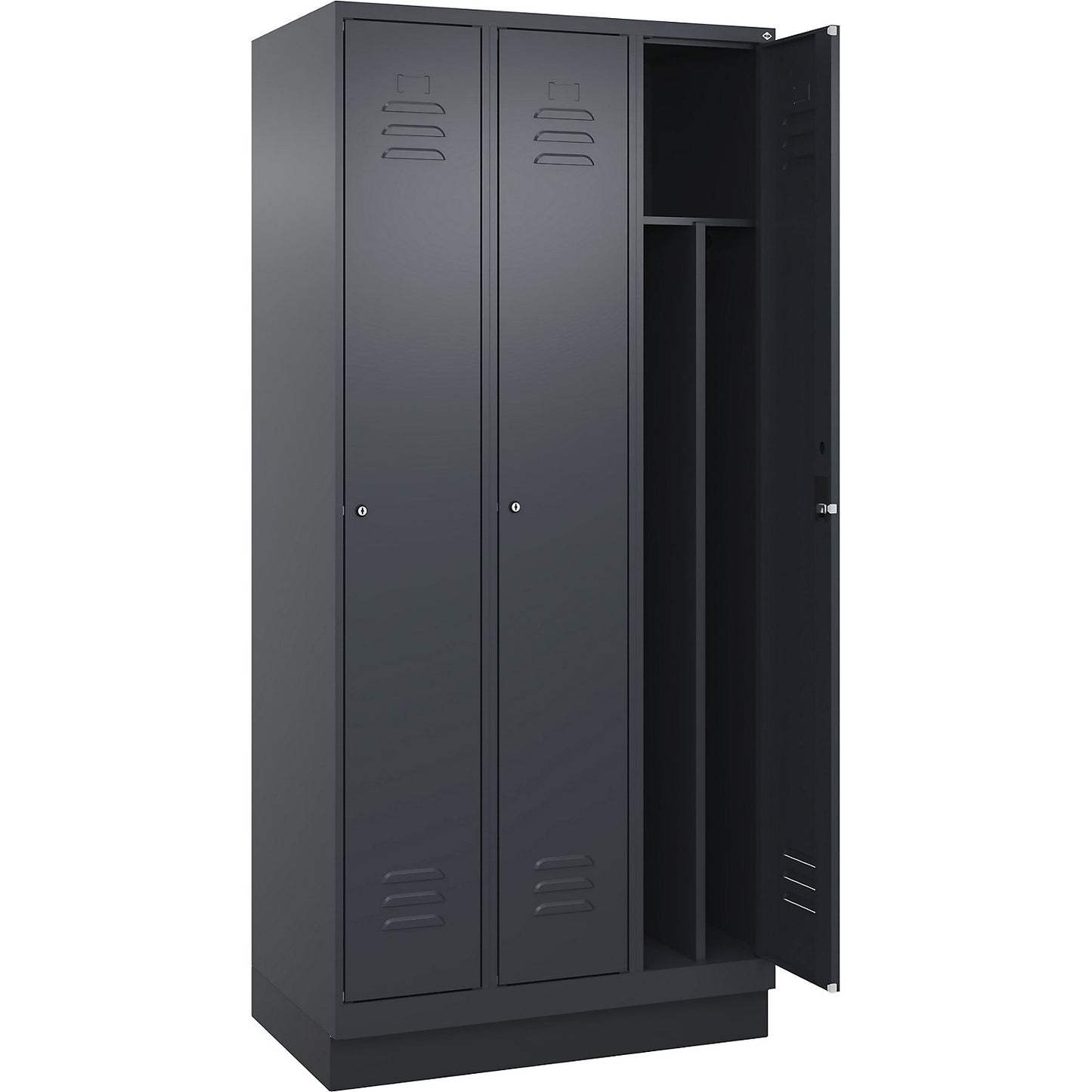 Classic PLUS clean and dirty clothes locker, narrow, 3 compartments, shortened centre divider, grey, W 900 mm, with base plinth, cylinder lock, centre partition.