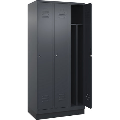 Classic PLUS clean and dirty clothes locker, narrow, 3 compartments, shortened centre divider, grey, W 900 mm, with base plinth, cylinder lock, centre partition.