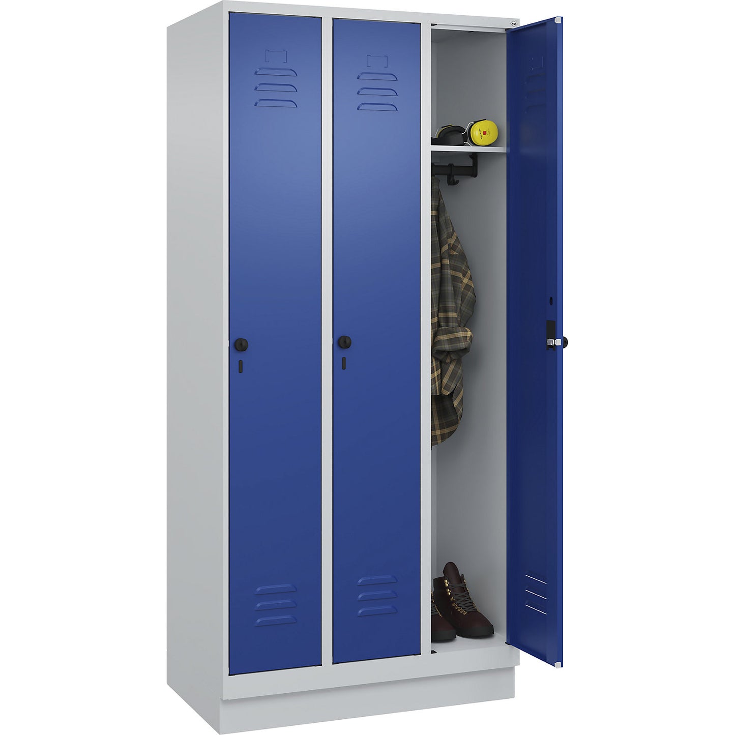 Classic PLUS clothes locker, 3 compartments, light grey/gentian blue, W 900 mm, with base plinth, rotary bolt.