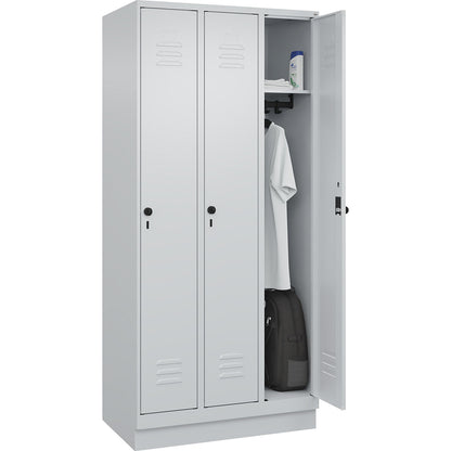 Classic PLUS clothes locker, 3 compartments, light grey, W 900 mm, with base plinth, rotary bolt.