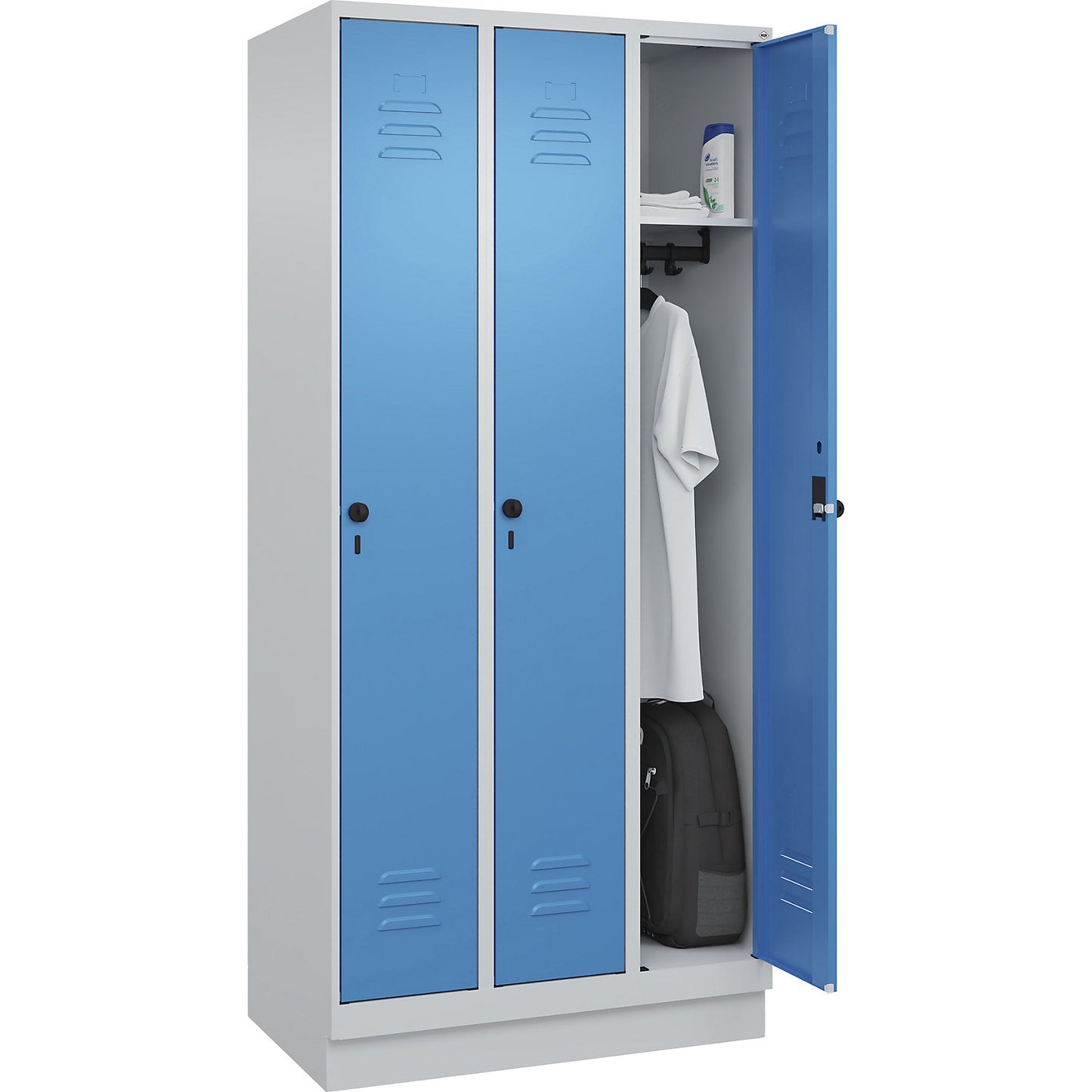 Classic PLUS clothes locker, 3 compartments, light grey/light blue, W 900 mm, with base plinth, rotary bolt.