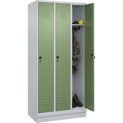 Classic PLUS clothes locker, 3 compartments, light grey/reseda green, W 900 mm, with base plinth, rotary bolt.