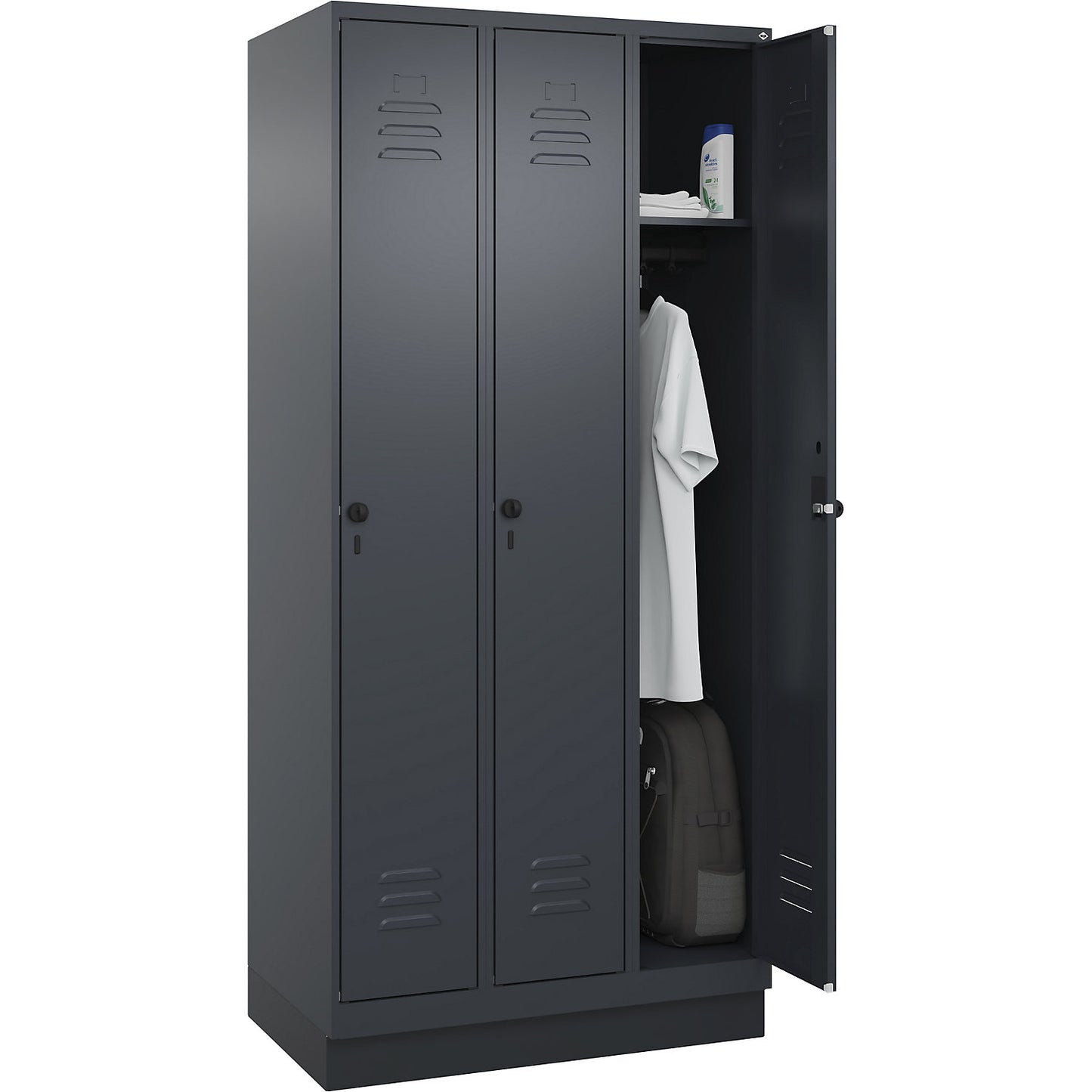 Classic PLUS clothes locker, 3 compartments, grey, W 900 mm, with base plinth, rotary bolt.