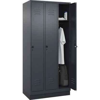 Classic PLUS clothes locker, 3 compartments, grey, W 900 mm, with base plinth, rotary bolt.