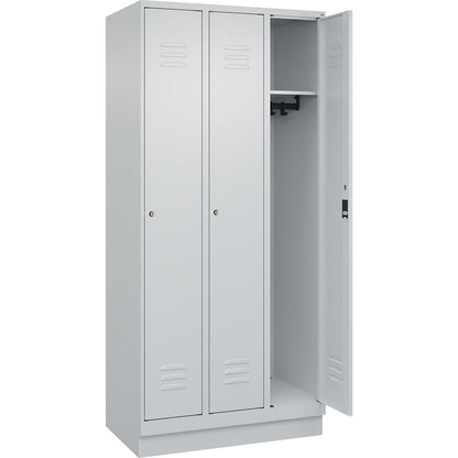 Classic PLUS clothes locker, 3 compartments, light grey, W 900 mm, with base plinth, cylinder lock.