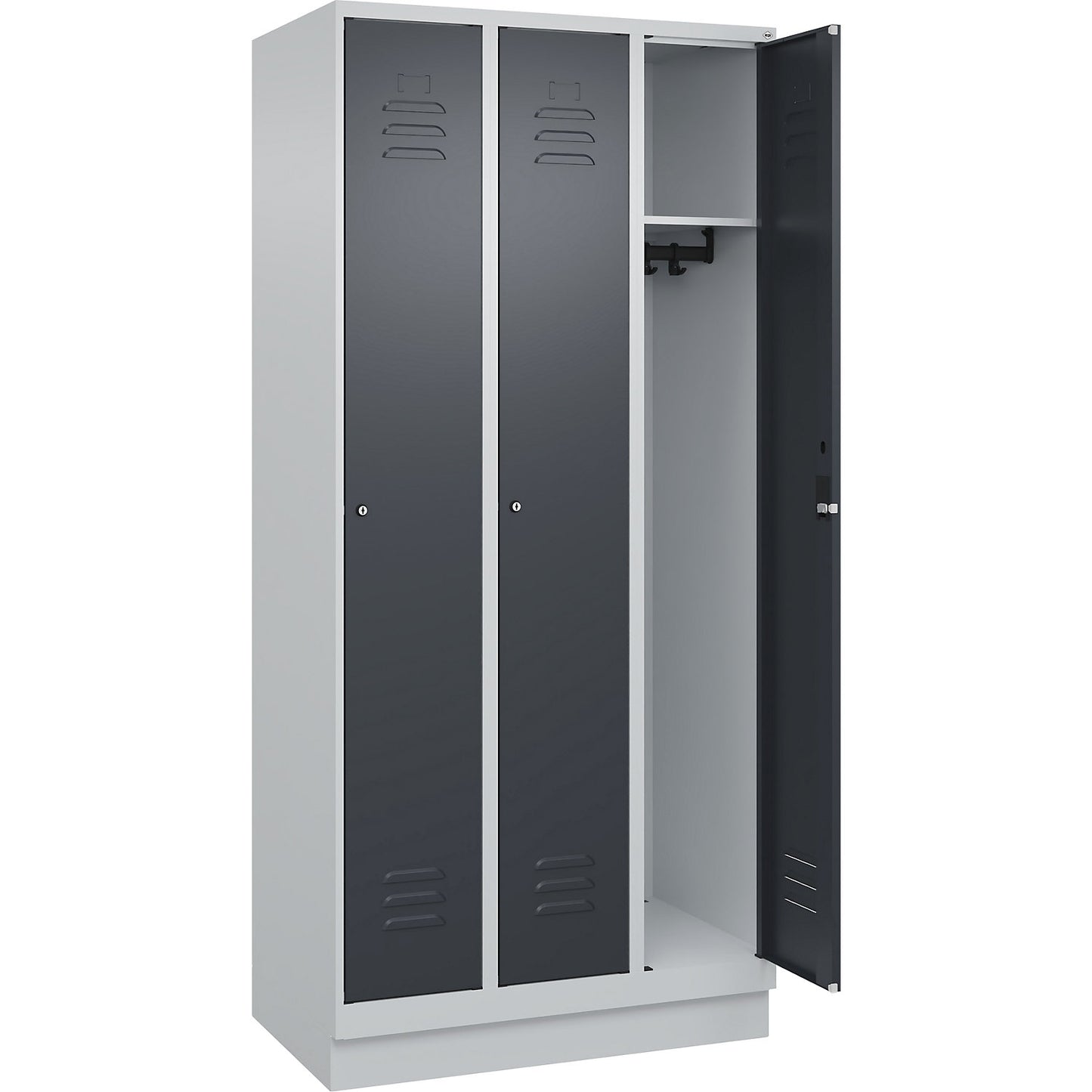 Classic PLUS clothes locker, 3 compartments, light grey/grey, W 900 mm, with base plinth, cylinder lock.