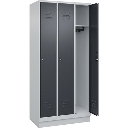 Classic PLUS clothes locker, 3 compartments, light grey/grey, W 900 mm, with base plinth, cylinder lock.