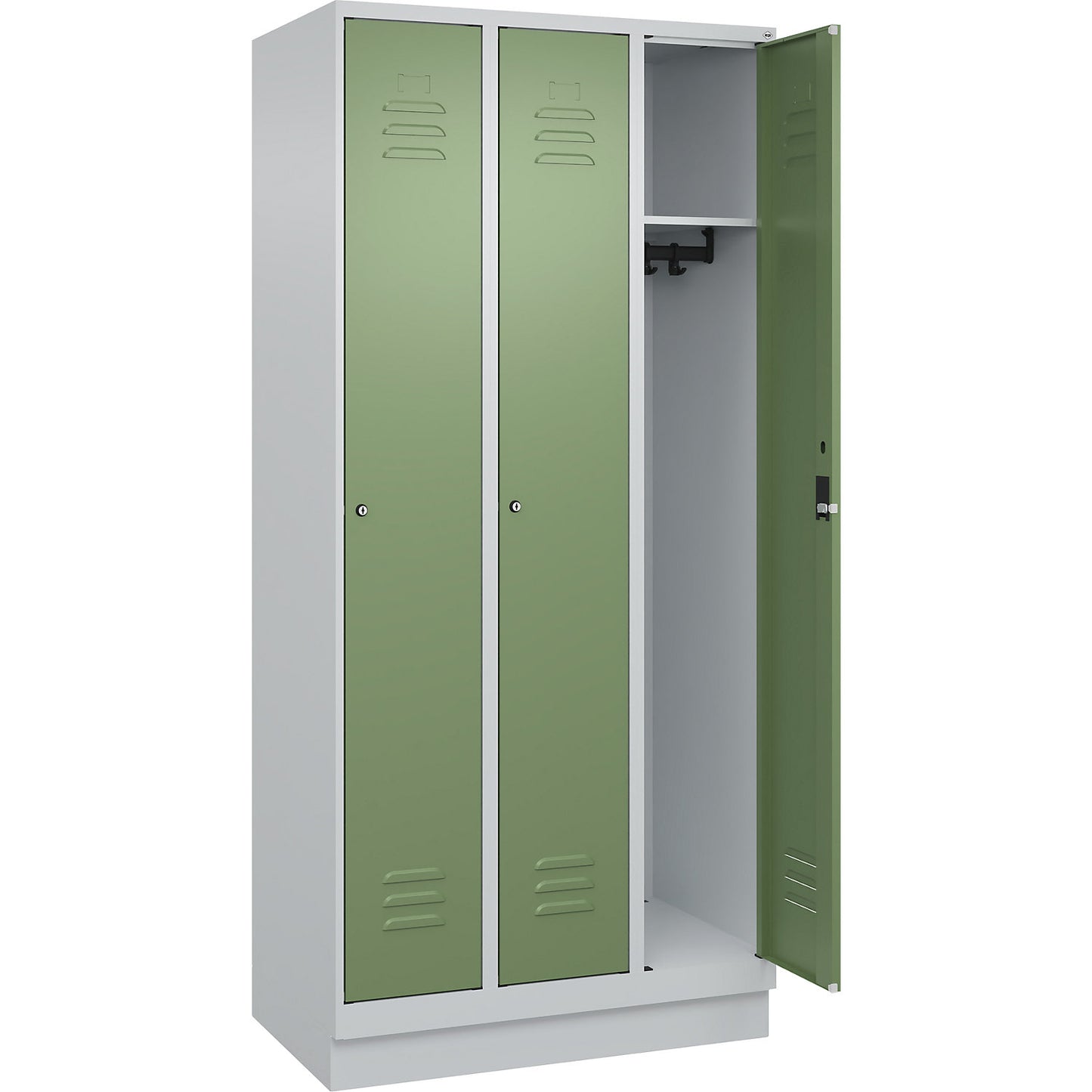 Classic PLUS clothes locker, 3 compartments, light grey/reseda green, W 900 mm, with base plinth, cylinder lock.
