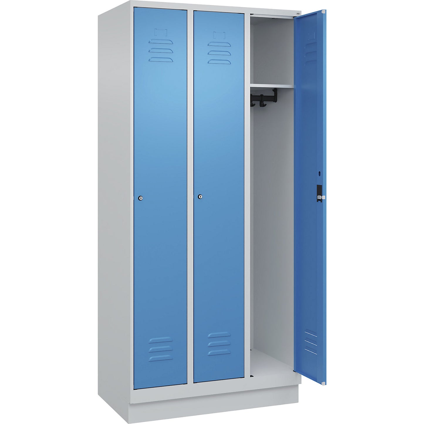 Classic PLUS clothes locker, 3 compartments, light grey/light blue, W 900 mm, with base plinth, cylinder lock.