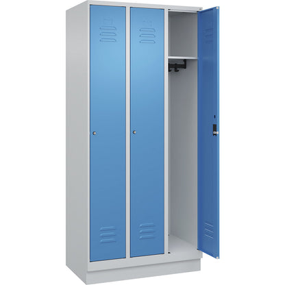 Classic PLUS clothes locker, 3 compartments, light grey/light blue, W 900 mm, with base plinth, cylinder lock.