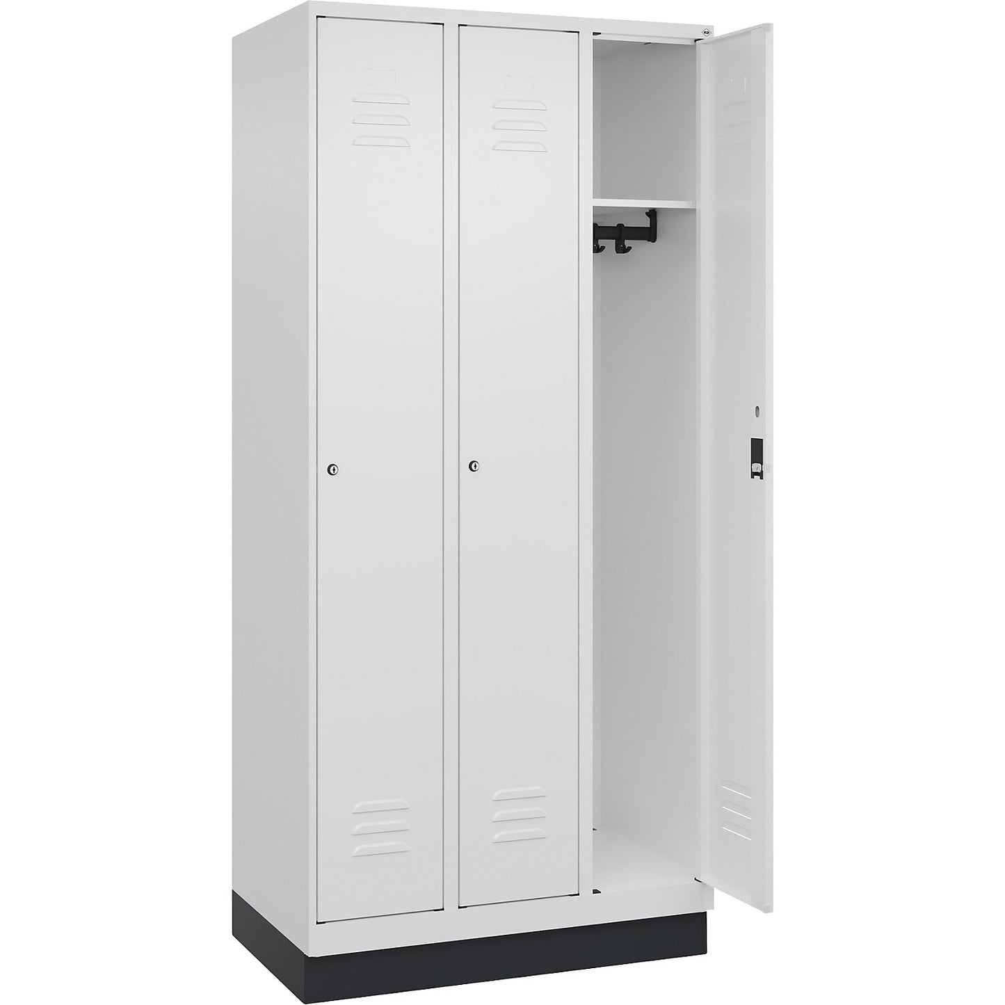 Classic PLUS clothes locker, 3 compartments, traffic white, W 900 mm, with base plinth, cylinder lock.