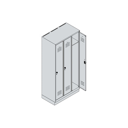 Classic PLUS clothes locker, 3 compartments, light grey, W 900 mm, with base plinth, rotary bolt.