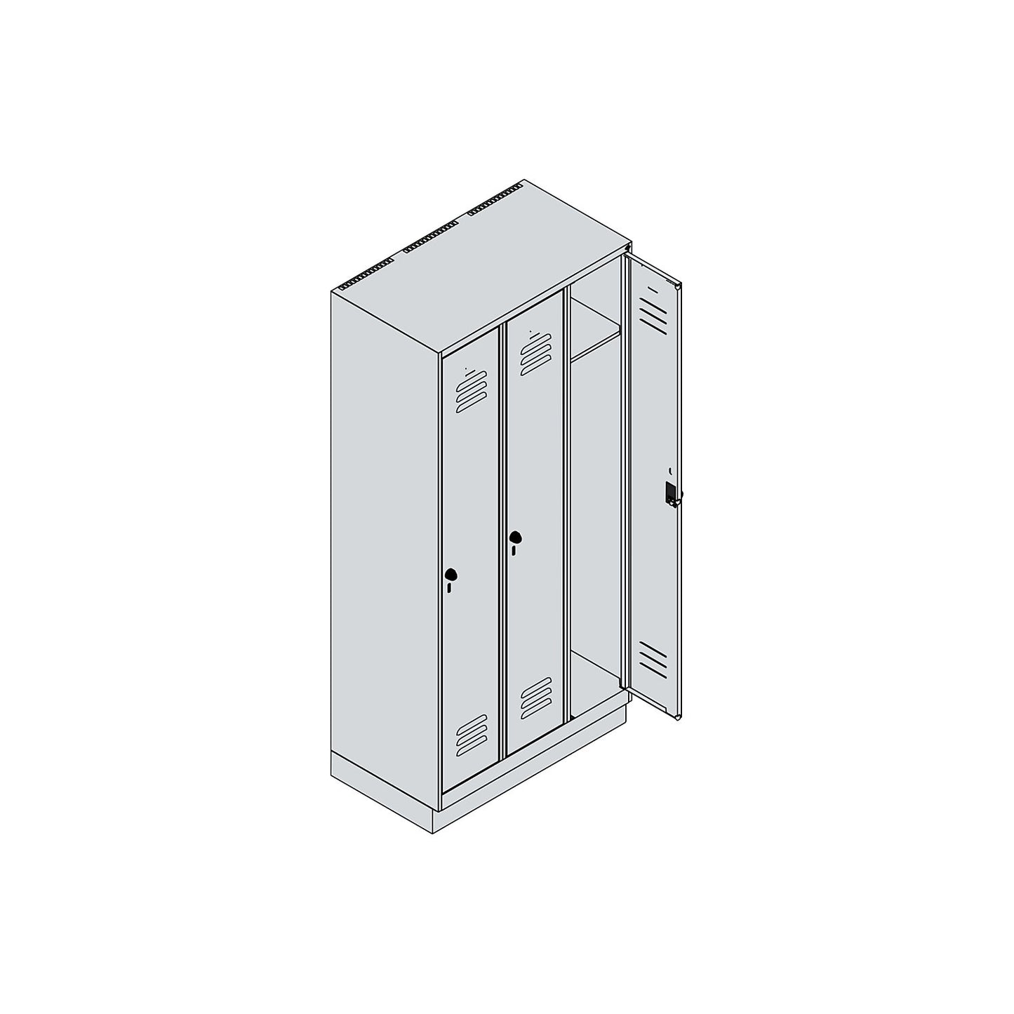 Classic PLUS clothes locker, 3 compartments, light grey/light blue, W 900 mm, with base plinth, rotary bolt.