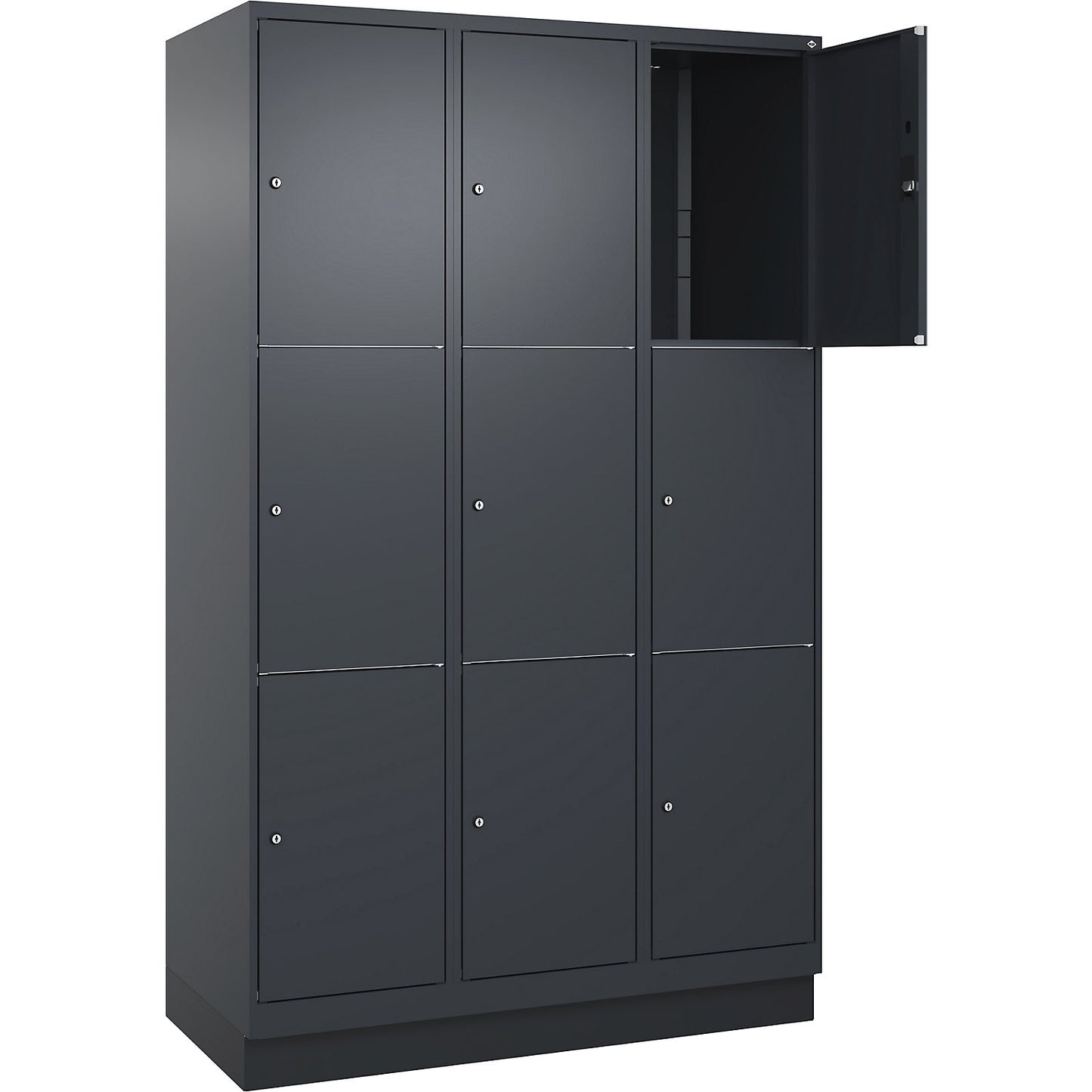 Classic PLUS 3-fold compartment locker, 3 compartments, grey, W 1200 mm, 9 compartments, with base plinth.