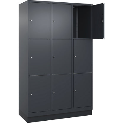 Classic PLUS 3-fold compartment locker, 3 compartments, grey, W 1200 mm, 9 compartments, with base plinth.