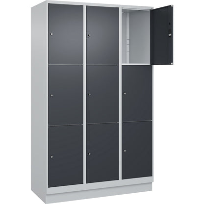 Classic PLUS 3-fold compartment locker, 3 compartments, light grey/grey, W 1200 mm, 9 compartments, with base plinth.