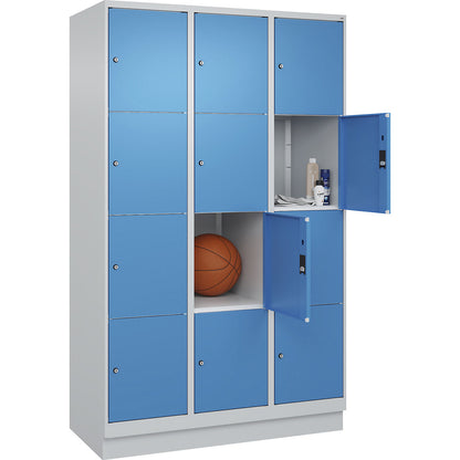 Classic PLUS 4-fold compartment locker, 3 compartments, light grey/light blue, W 1200 mm, 12 compartments, with base plinth.